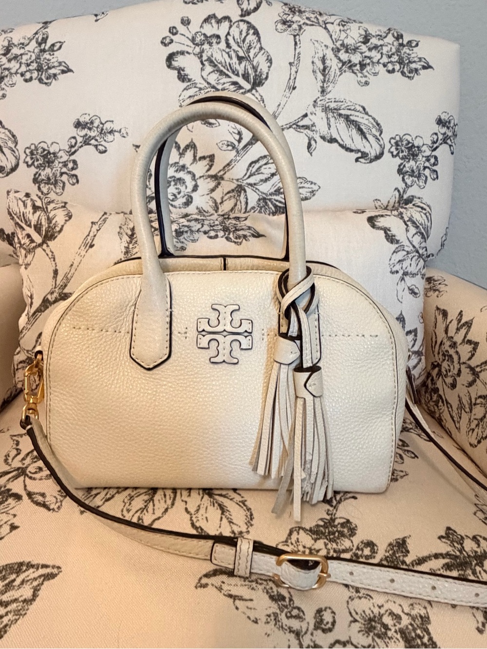 Tory Burch Cream Pebbled Leather Dome Satchel with Tassel